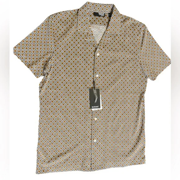 Murano Liquid Luxury Slim Fit Notch Collar Button-Up Shirt Brown/White Size M - Picture 2 of 12